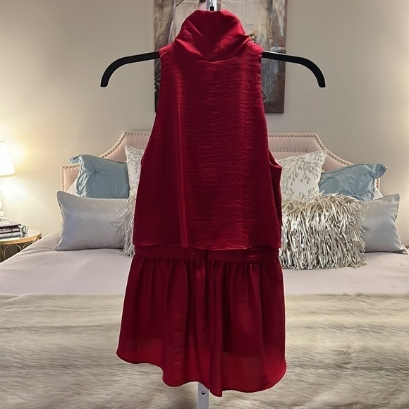 BCBGMAXAZRIA Red Celline XXS Sleeveless Pussycat Bow High Waist Peplum Blouse - Picture 7 of 14